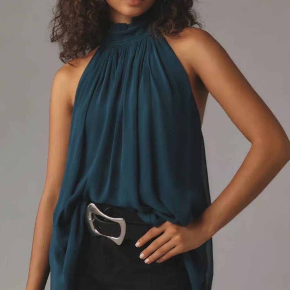 Sleeveless High-Neck Teal Blouse